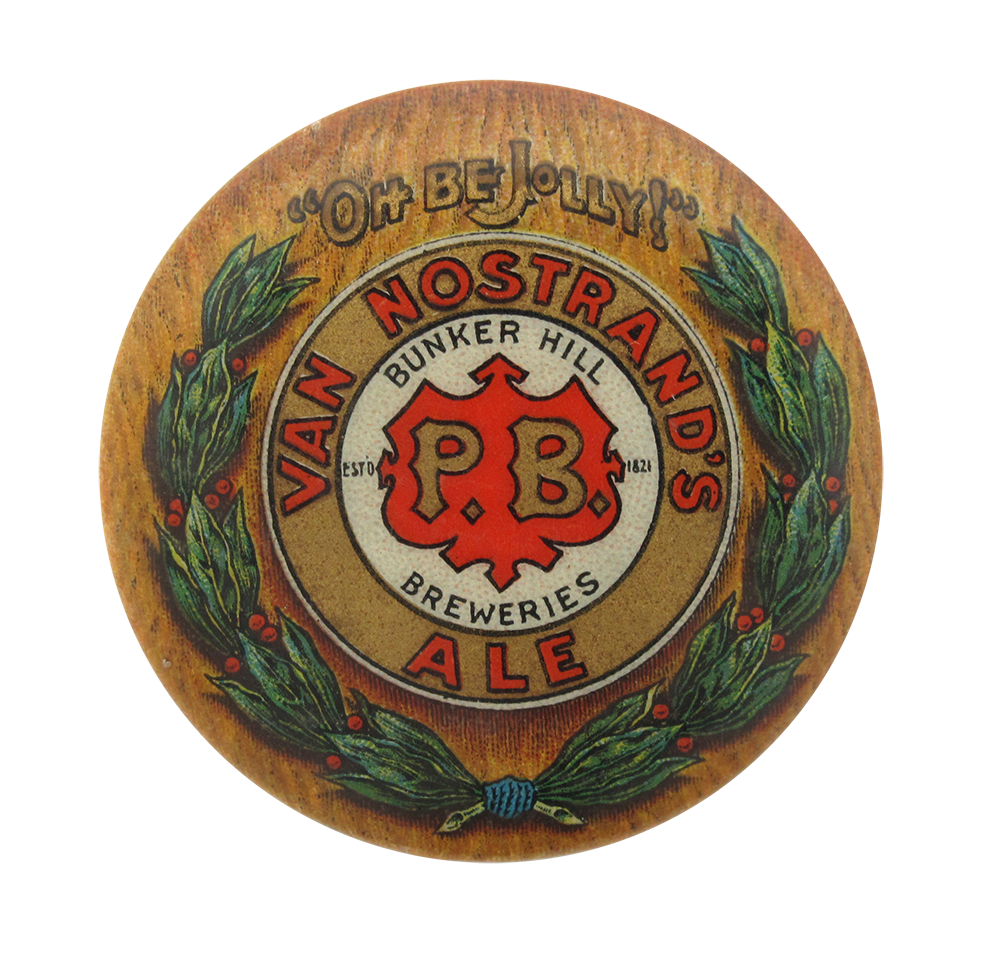 VAN NOSTRAND'S ALE BUNKER HILL BREWERIES 1896 BEER PIN P.B BLACK VARIATION 