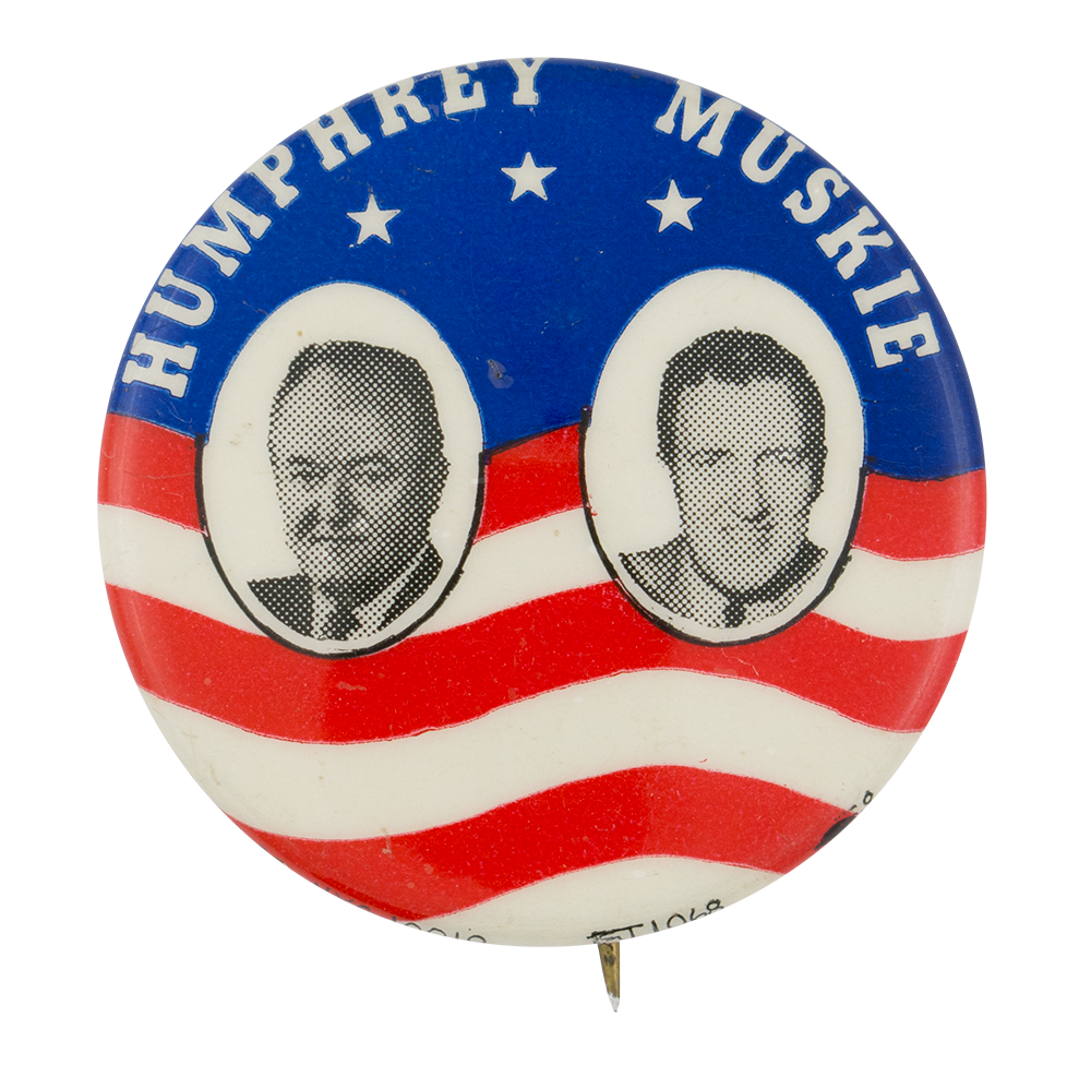H Humphrey & E Muskie Presidential Campaign Flag Pin Button New NOS 1968 