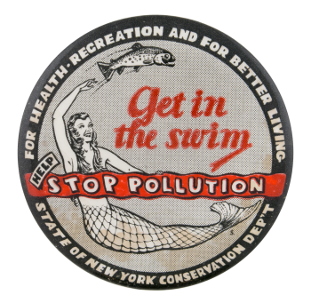 Text "Get in the Swim, Help Stop Pollution" with mermaid and fish images