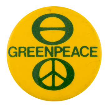 Greenpeace pin back button with ecology and peac3 symbols